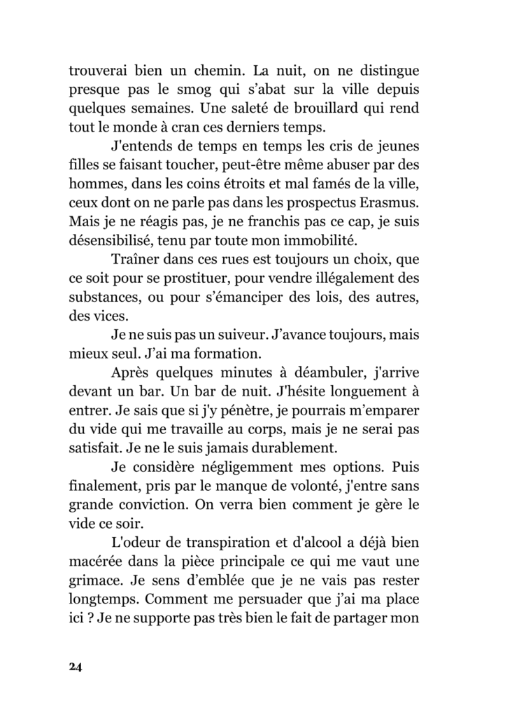 Deuxième page du chapitre 1 du roman à suspense "Hunter" écrit par Marissa Brugallé. La scène ouvre sur la découverte du personnage Hunter, un jeune médecin se baladant de nuit dans les rues de Londres en 2014. Il cherche un bar de nuit où se détendre après une journée difficile.