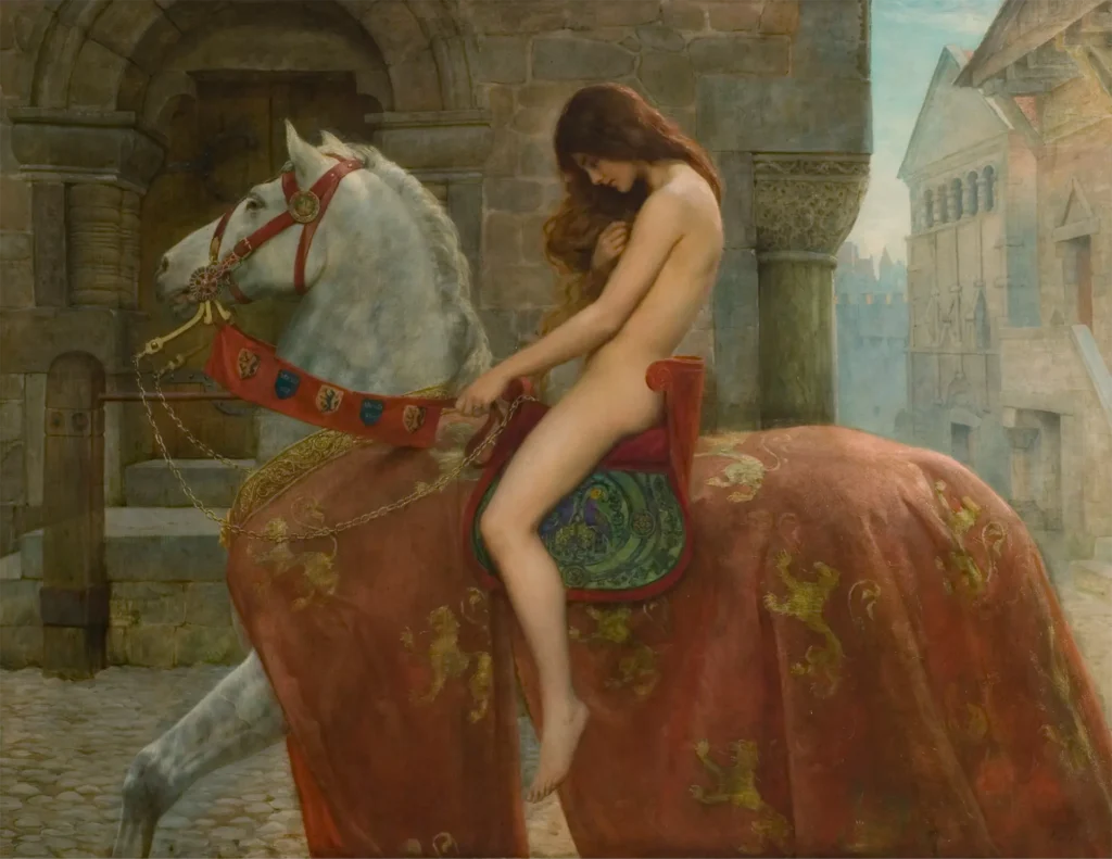 Peinture représentant Lady Godiva chevauchant nue un cheval blanc recouvert d’un riche drap rouge décoré, devant une architecture médiévale.
