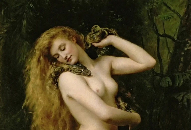 Peinture "Lilith" de John Collier (1887) représentant la figure mythologique nue, entourée d’un serpent, symbole de séduction et de tentation.