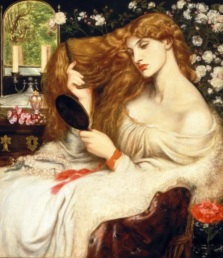 Lady Lilith, tableau préraphaélite de Dante Gabriel Rossetti, représentant une femme rousse en robe blanche se coiffant devant un miroir, entourée de fleurs et d’objets de toilette.