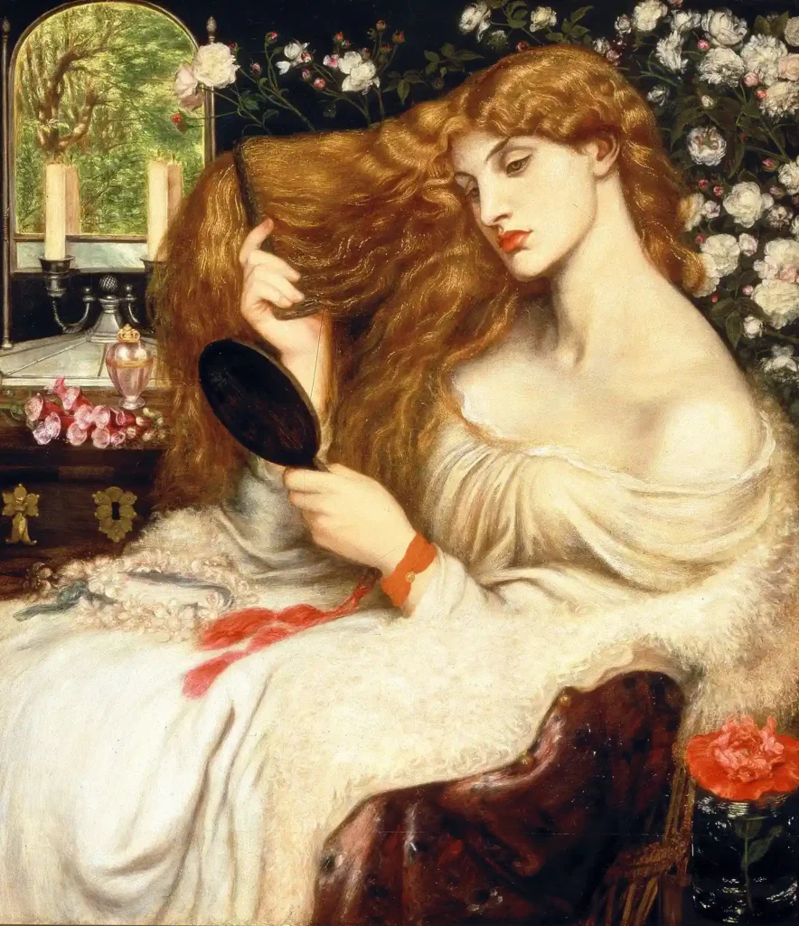 Lady Lilith, tableau préraphaélite de Dante Gabriel Rossetti, représentant une femme rousse en robe blanche se coiffant devant un miroir, entourée de fleurs et d’objets de toilette.