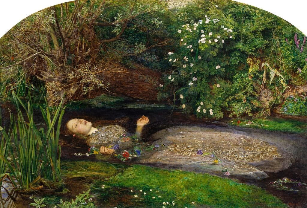 Oeuvre picturale représentant le personnage d'Ophélie issu de la pièce de théâtre de Shakespeare "Hamlet". Ce tableau "Ophelia" 1851, huile sur toile peint par John Everett Millais, montre Ophélie allongée dans l'eau, se noyant dans sa folie après sa déception amoureuse.