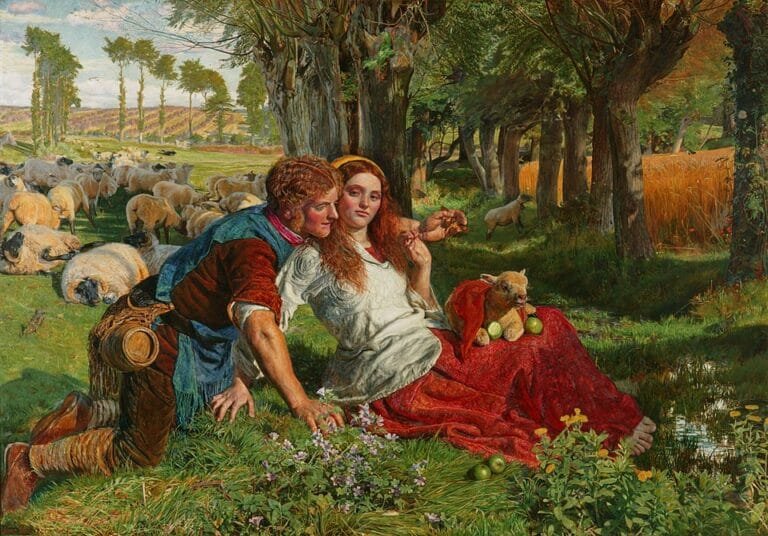 Tableau préraphaélite de William Holman Hunt, "Le Berger Mercenaire" (1851). On y voit une homme et une femme, installés dans un décor bucolique