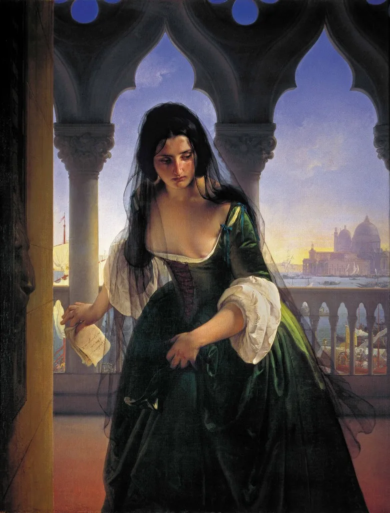 Peinture de Francesco Hayez, "Accusation secrète". Œuvre issue du "Triptyque de la Vengeance". On y voit une femme éplorée tenir une lettre prête à être livrée.