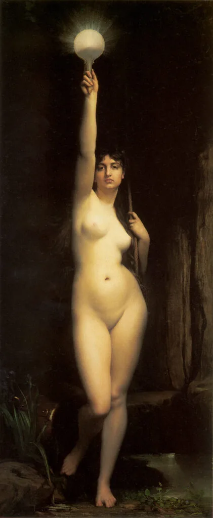 Tableau "Vérité" de Jules Lefebvre (1870), portrait représentant une allégorie de la vérité. L'image montre un nu de femme pointant vers le ciel un cercle lumineux.