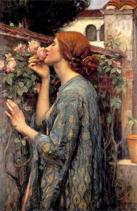 Peinture à l'huile sur toi nommée "L'âme de la rose", du peintrebritannique préraphaélite, John William Waterhouse, 1908. On y voit une femme humant le parfum d'une rose dans un cadre bucolique et chatoyant.