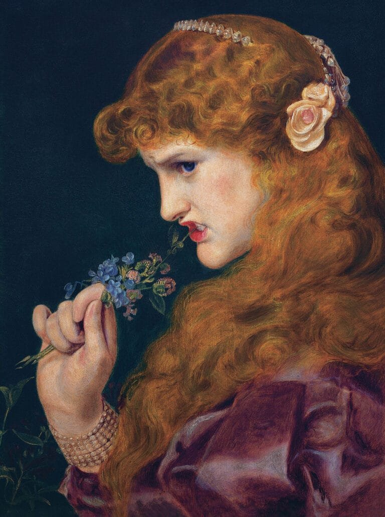 Image de la peinture préraphaélite "Love’s Shadow" soit "L'ombre de l'amour" en français, (1867) du peintre britannique, Frederick Sandys. Une femme rousse, de profil, tient une tige de fleur dans sa bouche. Elle semble contrariée.