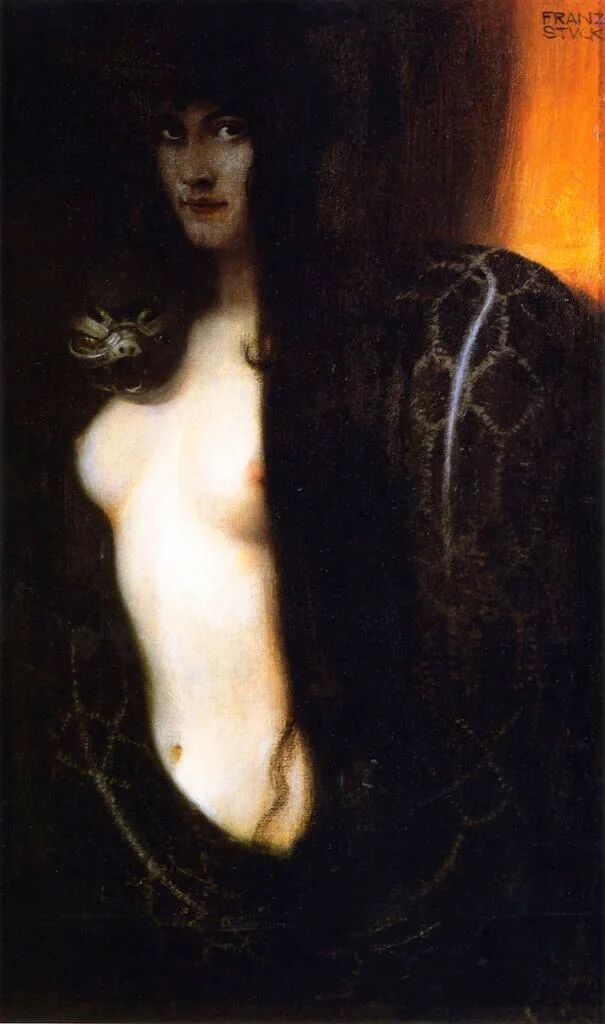 Lilith en peinture. Huile sur toile intitulé "Le Péché", peint par Franz von Stuck. On y voit une représentation de Lilith accompagnée d'un serpent. Cette peinture représente bien le romantisme noir.