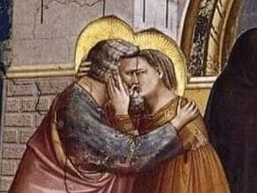 Tableau peint par Giotto, représentant le rencontre d'Anne et Joachim à la Porte Dorée. Les deux amants sont les parents de la vierge Marie, sur la peinture ils s'embrassent.