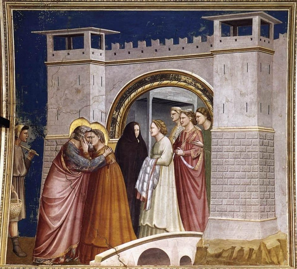 Tableau peint par Giotto, représentant la rencontre d'Anne et Joachim à la Porte Dorée". On y voit les deux amants s'embrassant.