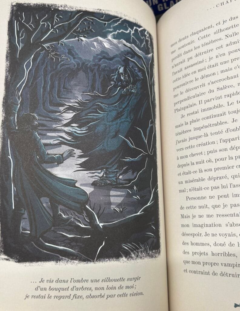 Illustration de Frankenstein, Minalima, éditions Flammarion. Victor Frankenstein est poursuivi par La créature dans les bois