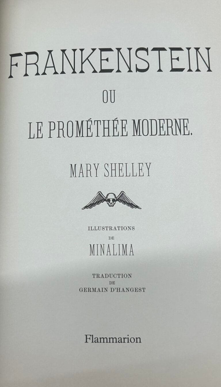 Image de garde de l'édition Frankenstein chez Flammarion. On y voit le titre "Frankenstein ou le Prométhée Moderne", l'autrice Mary Shelley et l'édition