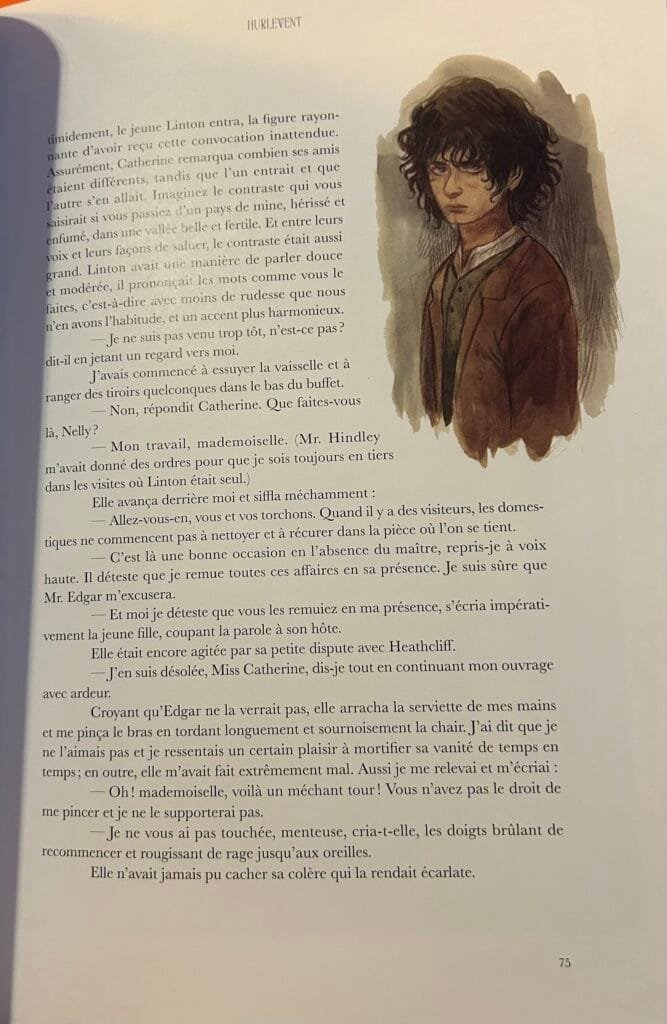 Page 75 du roman Les Hauts de Hurlevent, Emily Brontë, aux éditions Papillon Noir Gallimard. Il s'agit de l'édition illustrée par Isabella Mazzanti, on y voit un portait de Heathcliff enfant.