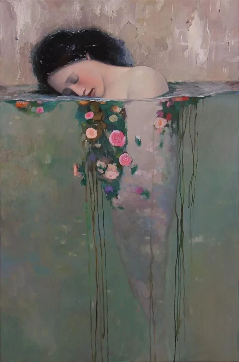 Huile sur toile, "The Fatigue", Mihail Zablodski, 2022. Le tableau représente une femme dans l'eau, son corps ne forme qu'un avec l'eau. Elle a une position sereine, vulnérable et reposante, yeux fermés.