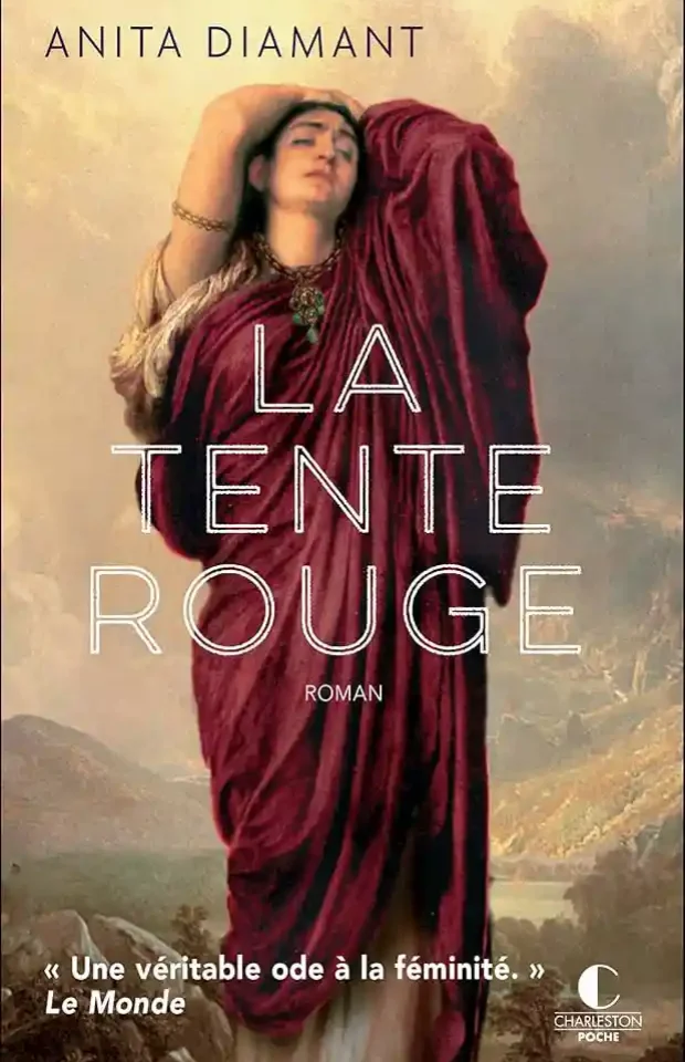 Image de couverture représentant l'ouvrage "La Tente Rouge" d'Anita Diamant (1997). On y voit une femme habillée d'une toile rouge, yeux fermés, mains relevées, le visage éploré verts le ciel.